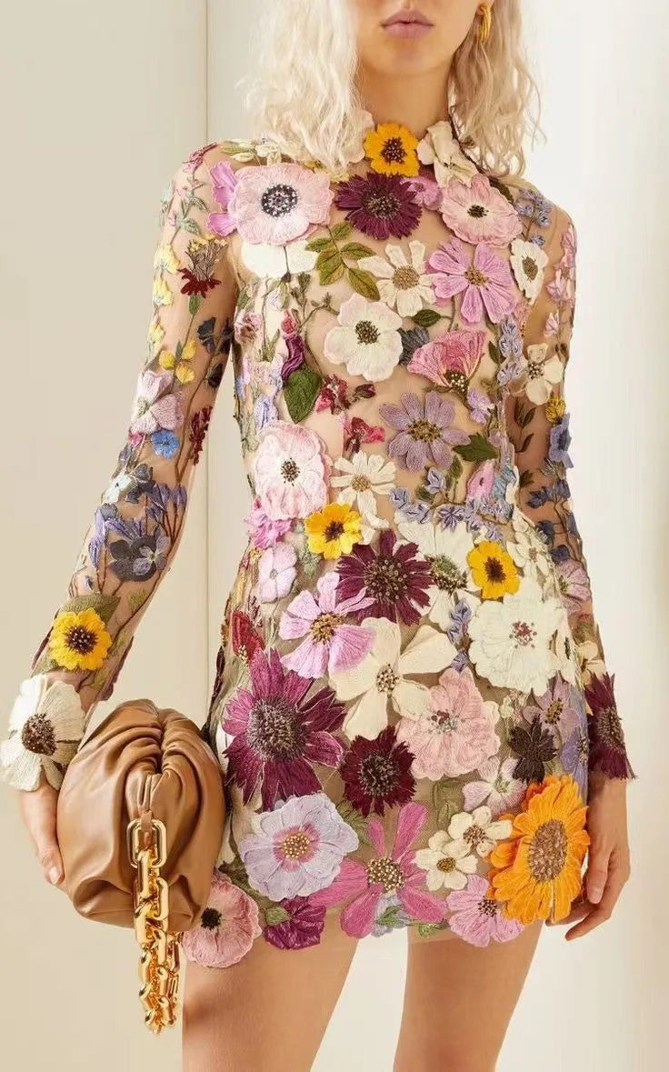 Three-dimensional flowers wrap hip sexy dress