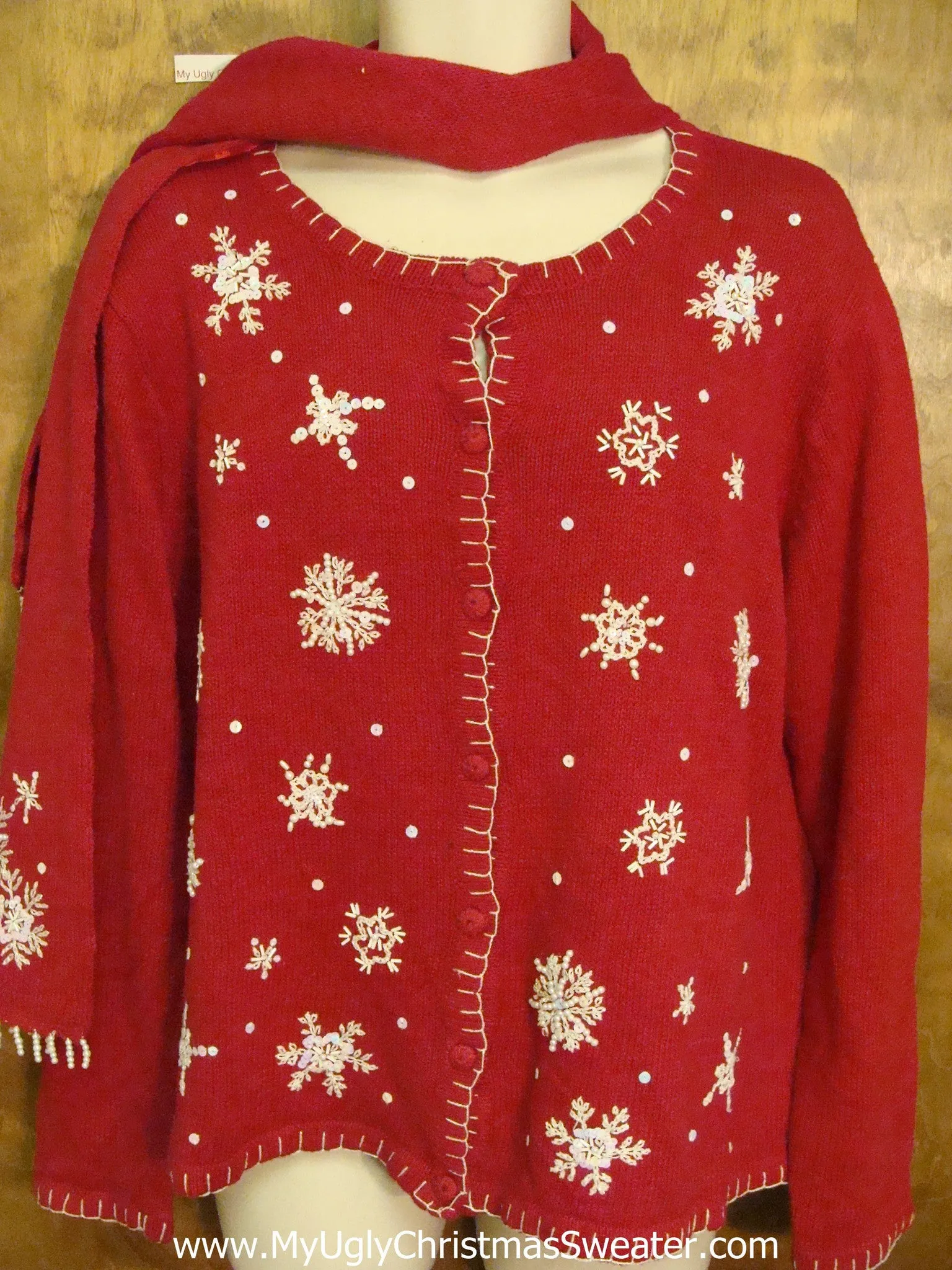 Ugly Snowflake Themed Christmas Sweater Cardigan with Scarf