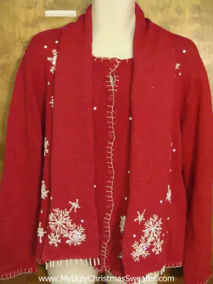 Ugly Snowflake Themed Christmas Sweater Cardigan with Scarf