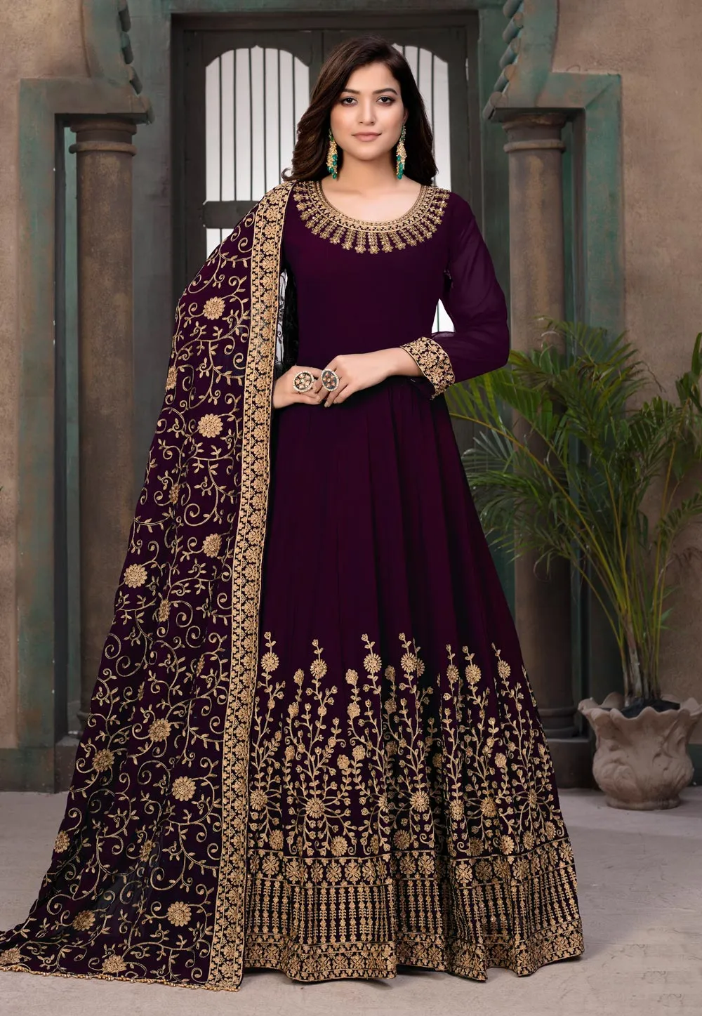 Wine Embroidered Wedding Anarkali Suit