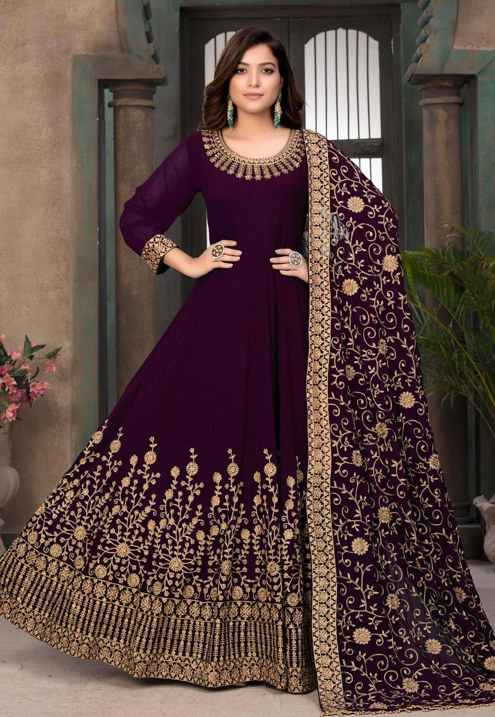 Wine Embroidered Wedding Anarkali Suit