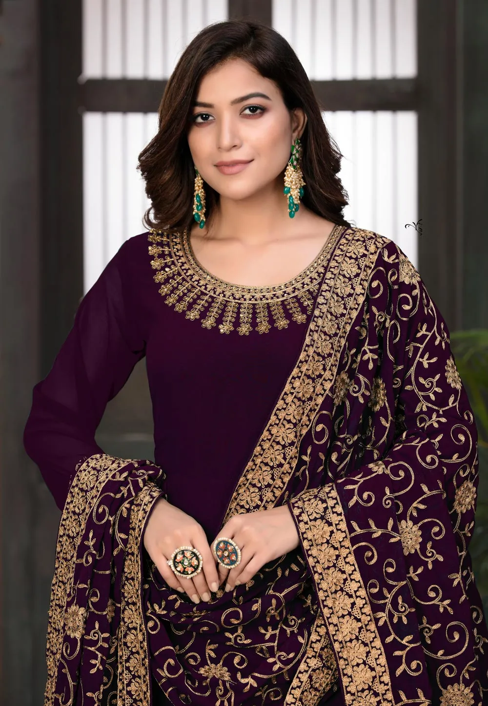 Wine Embroidered Wedding Anarkali Suit