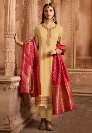 Yellow And Red Embroidered Satin Churidar Suit